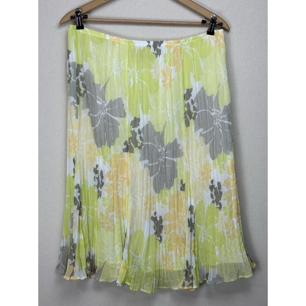Ruby Rd Midi ALine Skirt Sz 12 Yellow Gray Floral Print Lined Elastic Waist
